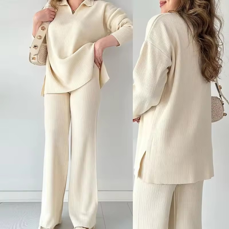 Womens Suit Knit Sweater Set Custom Designer Winter Cotton Polyester Knit Sweater 2 Piece Set Women Knit Two Piece Sweater Set