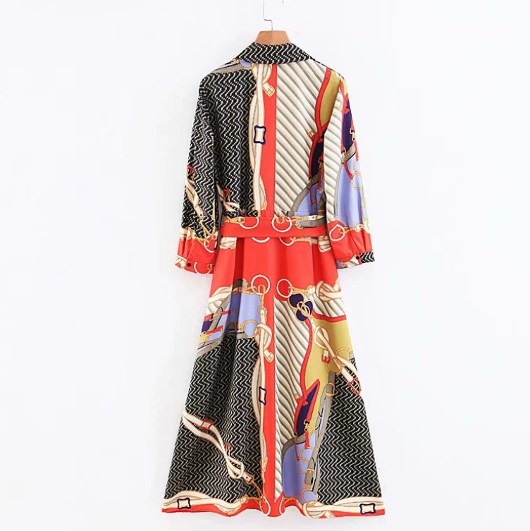 Casual Abstract Print Self Tie Shirt Long Sleeve Dress Women