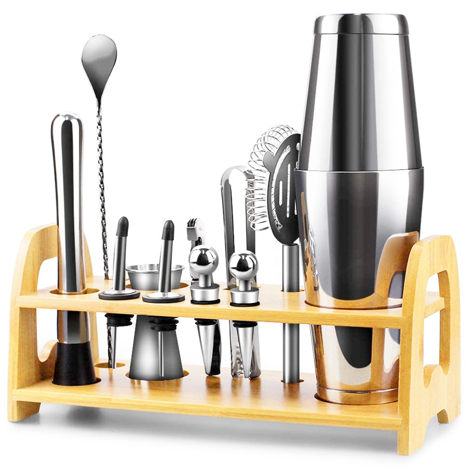 Amazon Custom 14 Pieces Silver Boston Cocktail Shaker Making Set Stainless Steel Premium Bar Tools Set with Bamboo Stand Recipe
