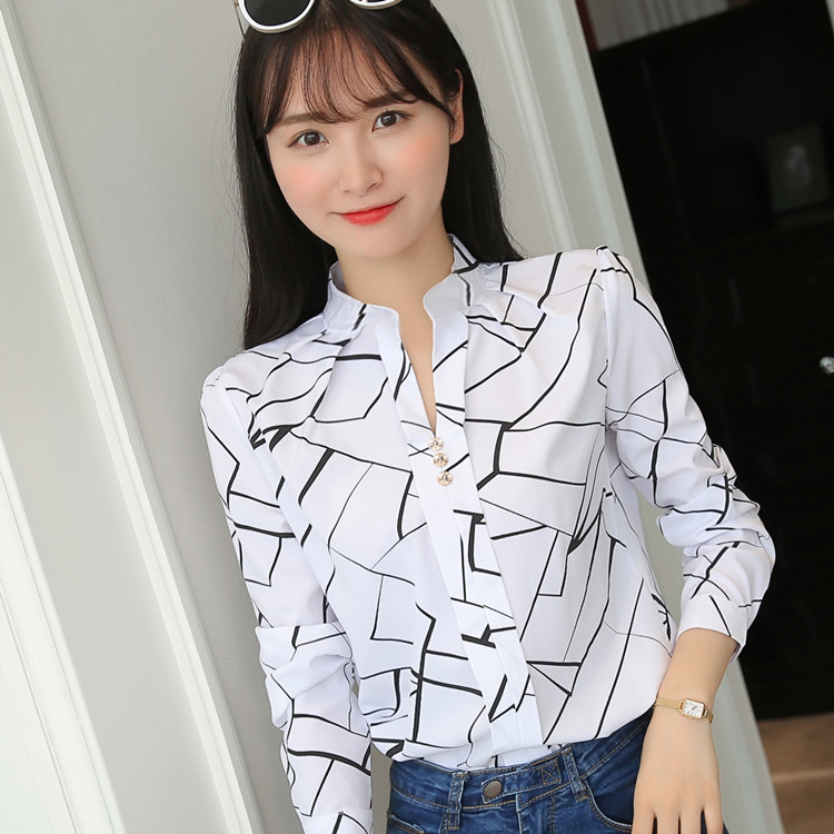 Loose stripe stand collar blouse long sleeve white female summer and autumn new versatile casual shirt