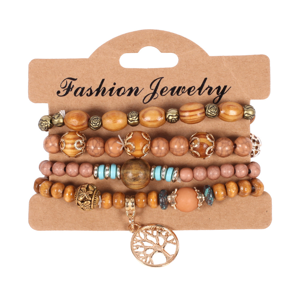 Fashion 2019 New Design Women Beads Jewelry Handmade Life Of Tree Charm Pendant Alloy Layer Wood Beaded Bracelets Sets