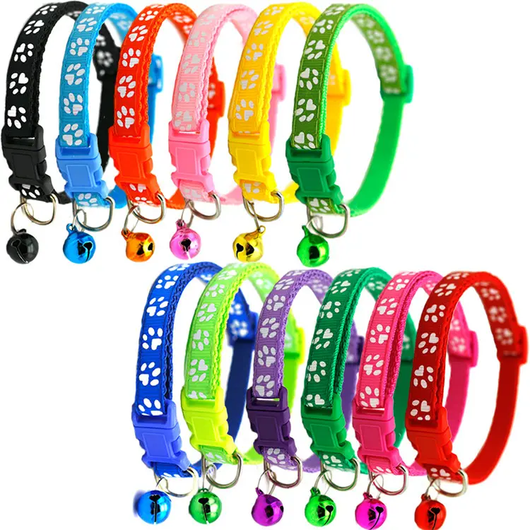 Wholesale Multi Colors Paw Print Adjustable Nylon Pet Cat Dog Collar with Bell