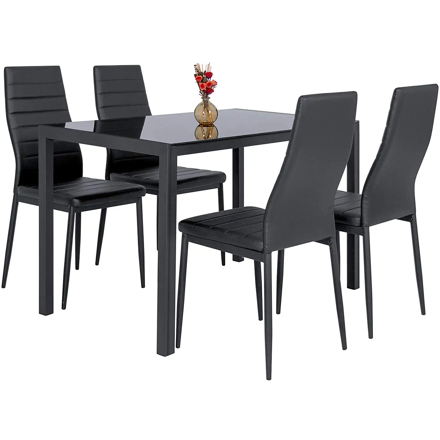 Factory directly supply 7 pieces dining table sets 6 black PVC chair 1 square tempered glass dining table new style dining table