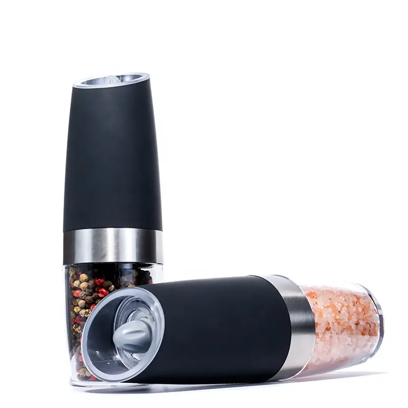 Wholesale home black hand-held gravity salt and pepper electric grinder set with clear plastic spice mill bottle