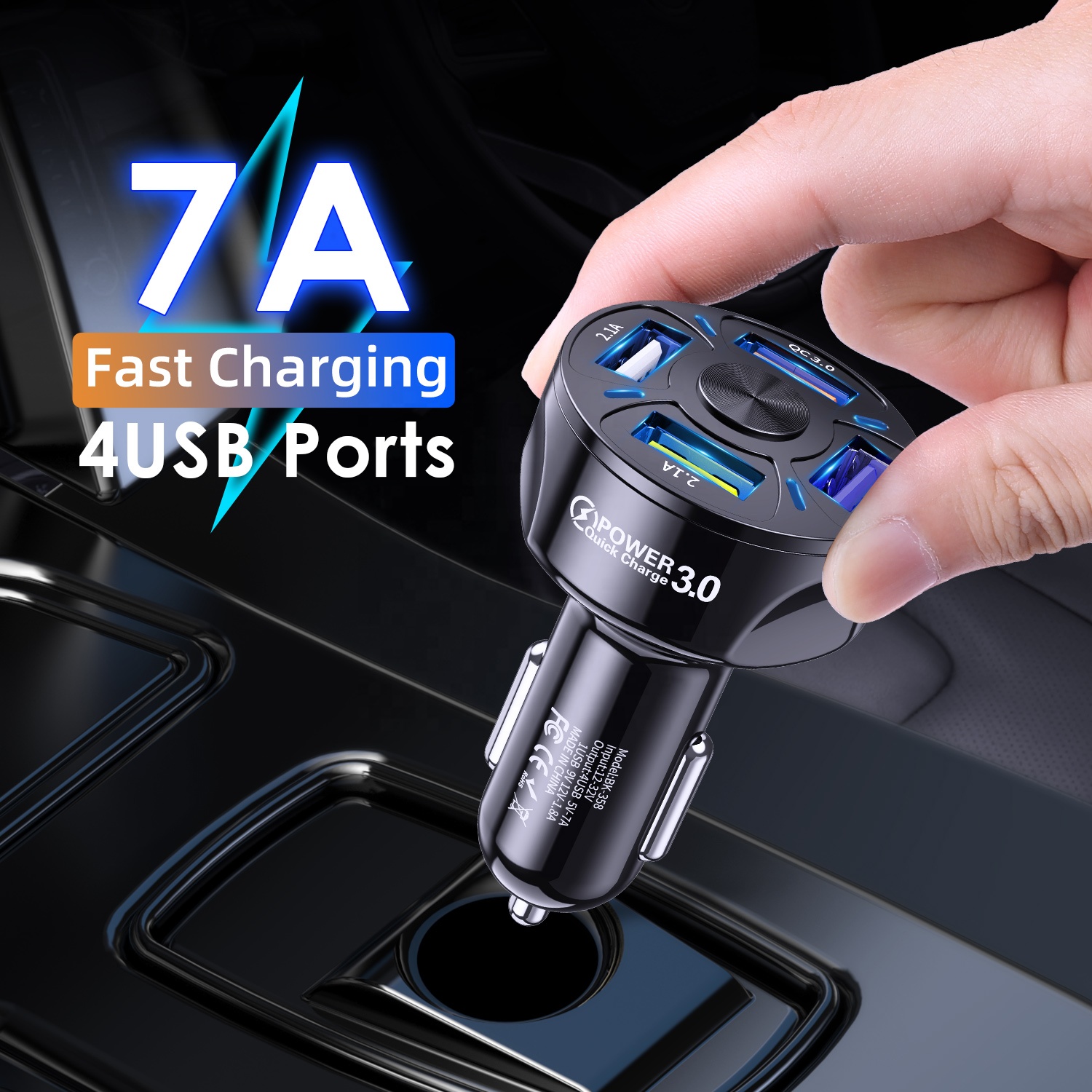 USLION Оптовая 48 Вт QC3.0 USB Автомобильное зарядное устройство 5 В 7A 4 порта USB Автомобильное зарядное устройство для телефона с синим освещением для мобильного телефона