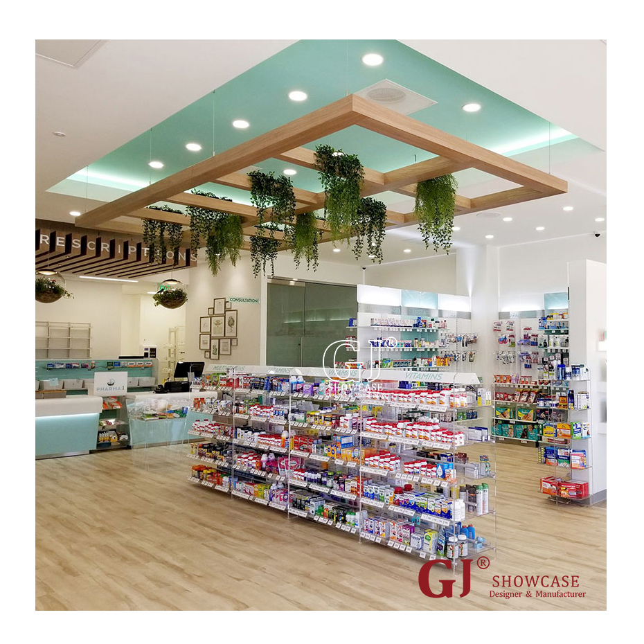 Prescriptions counter see through display acrylic gondola advice counter healthcare center fitting