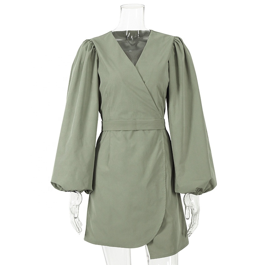 Office Lady Dress Pleated Puff Sleeve Solid Color Belt Irregular Hem Mini Dress