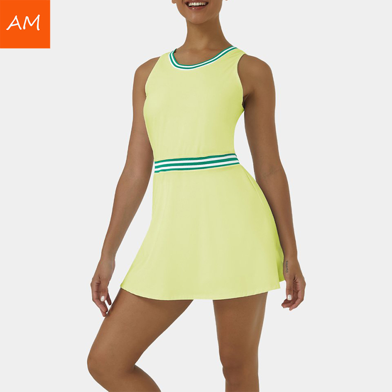 Custom Nylon Yellow/White Elastic 4-Way Stretch Active Wear Sleeveless U-Neck Sport Women Tennis Dress