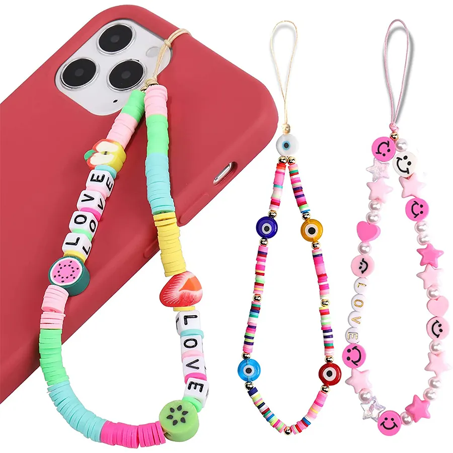 Wholesale Handmade phone chain Color Smiley Face Fruit Pearl Polymer Clay Beaded lanyard Phone Lanyards Wrist Strap phone charms