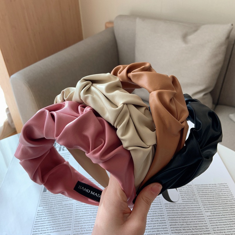 New solid color PU leather folds scrunchie girl wide side simple headband beautiful headband hair accessories