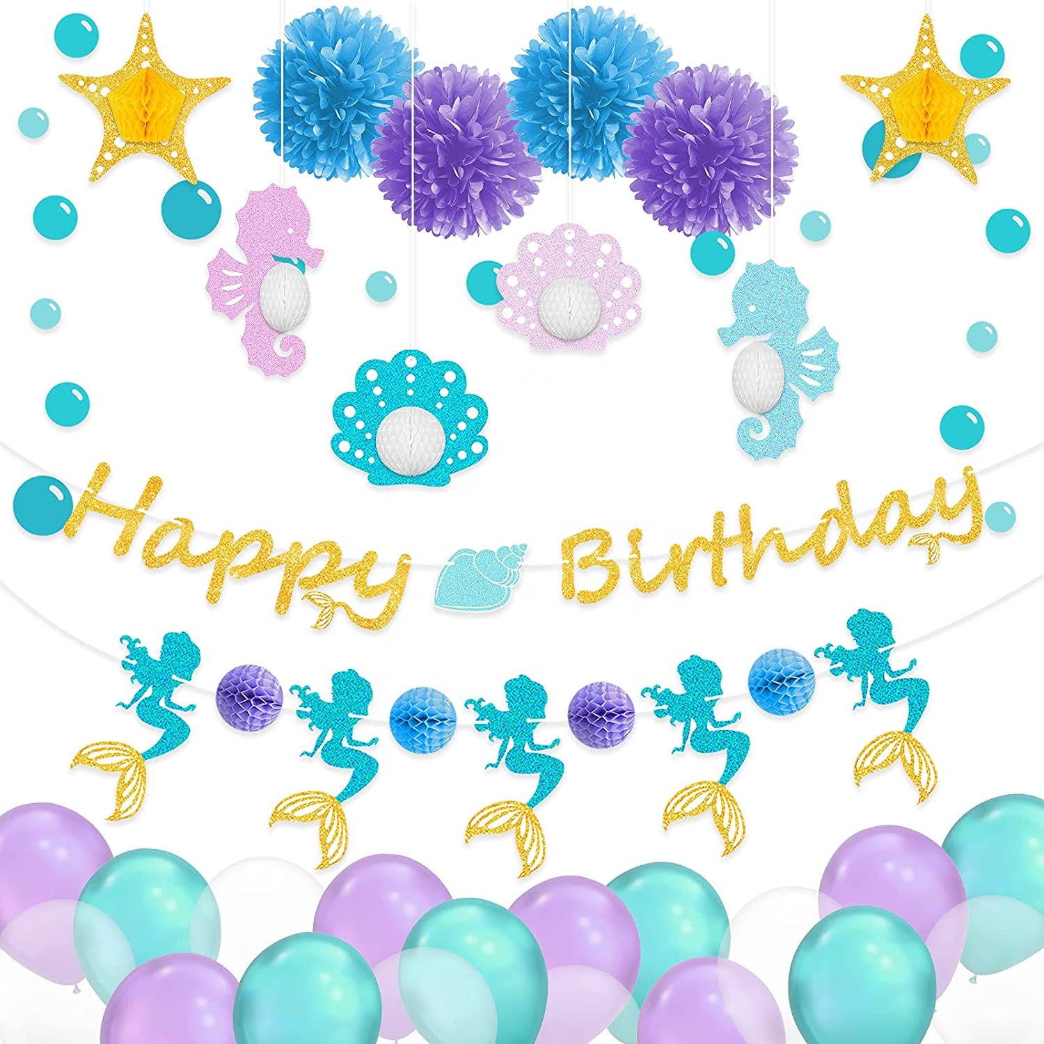 Happy Birthday Mermaid Theme Ornament Decoration Birthday Party Kit &Mermaid Cake Stand &Party Favor Gift Bag