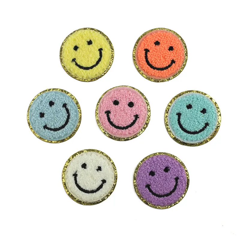 Factory Price Smile 6.5cm 8cm Glitter Chenille Iron On Patches For Clothing Decoration