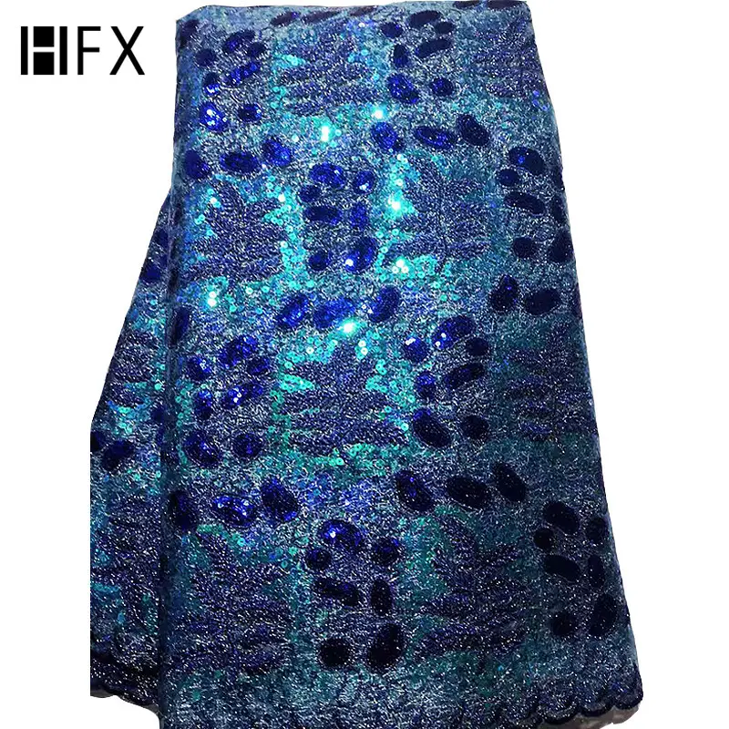 HFX Free Shipping Tulle Lace Fabric Sequins Newest African Net Lace Fabric 5 yards French Lace Fabric For Woman Party Dress
