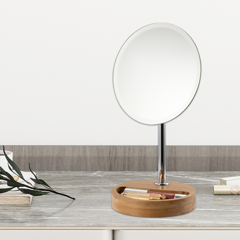 Modern Desktop Bamboo Base Stand Table Countertop Cosmetic Vanity Mirror With Storage Jewelry