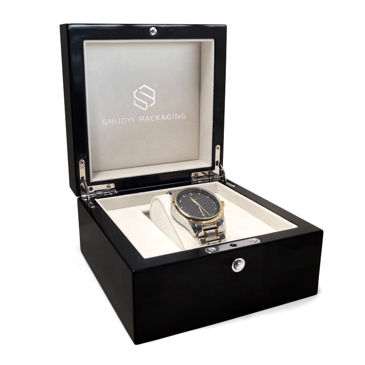 wholesale handmade black glossy finish lacquer velvet watch winder case manufacture custom logo wooden box watch box