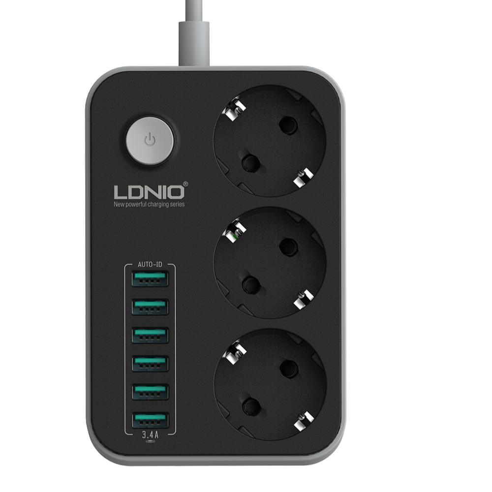 LDNIO Лидер продаж EU мощность полосы 3 WAY POWR пропилен-каучука прокладки с 6 портами USB устройство защиты от перенапряжения питания полосы SE3631