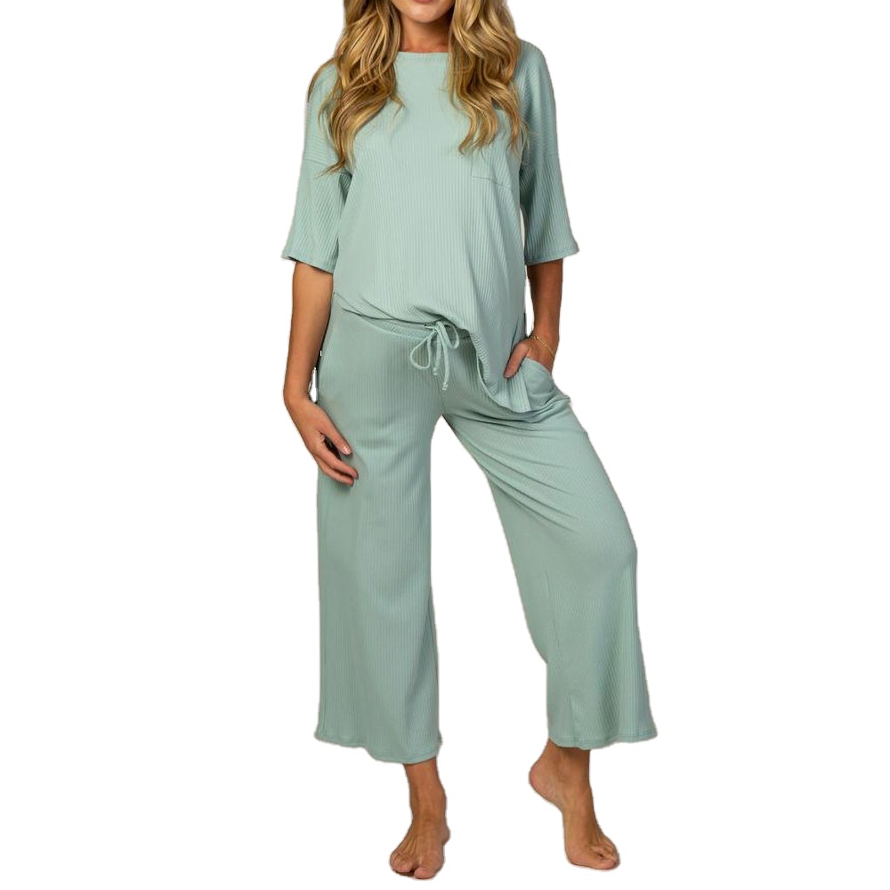 Classical Maternity Two Pieces Pajama Sets Round Collar Middle Sleeve Ribbed Cotton Maternity Robe Set For Pregnant Women
