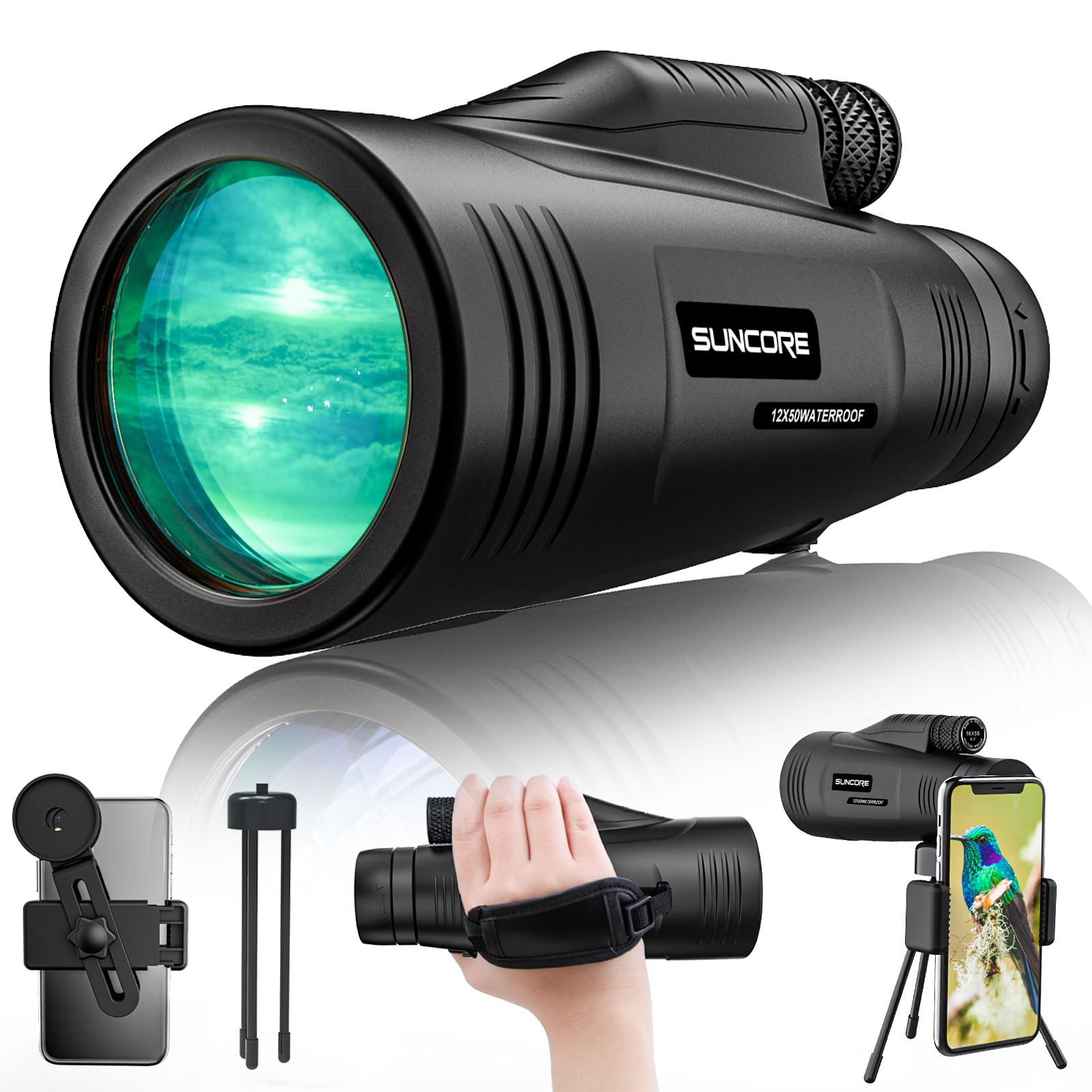 Высококачественный монокулярный телескоп Suncore Bak4 Prism OEM HD 12x50, высокомощные точечные трубы с низким ночным видением