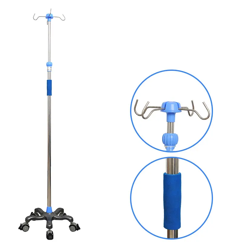 Five legs with casters High quality iv pole stand stainless steel infusion stand