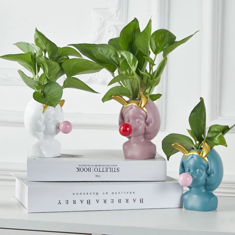 Nordic Style Resin Vase Cute Girl Bubble Gum Figurine Decorative Succulent Plant Flower Pot Modern Home Decor Pen Holder Small