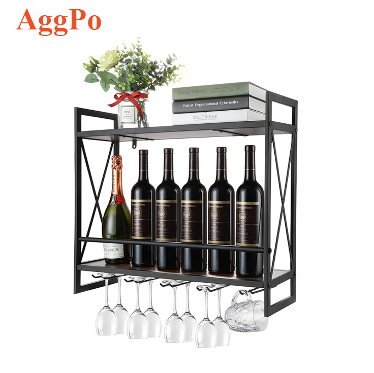 Wall Mounted Wine Racks Industrial Style with 8 Stem Glass Holder 2-Tier Wood Shelf, Home Kitchen Wall Decoration