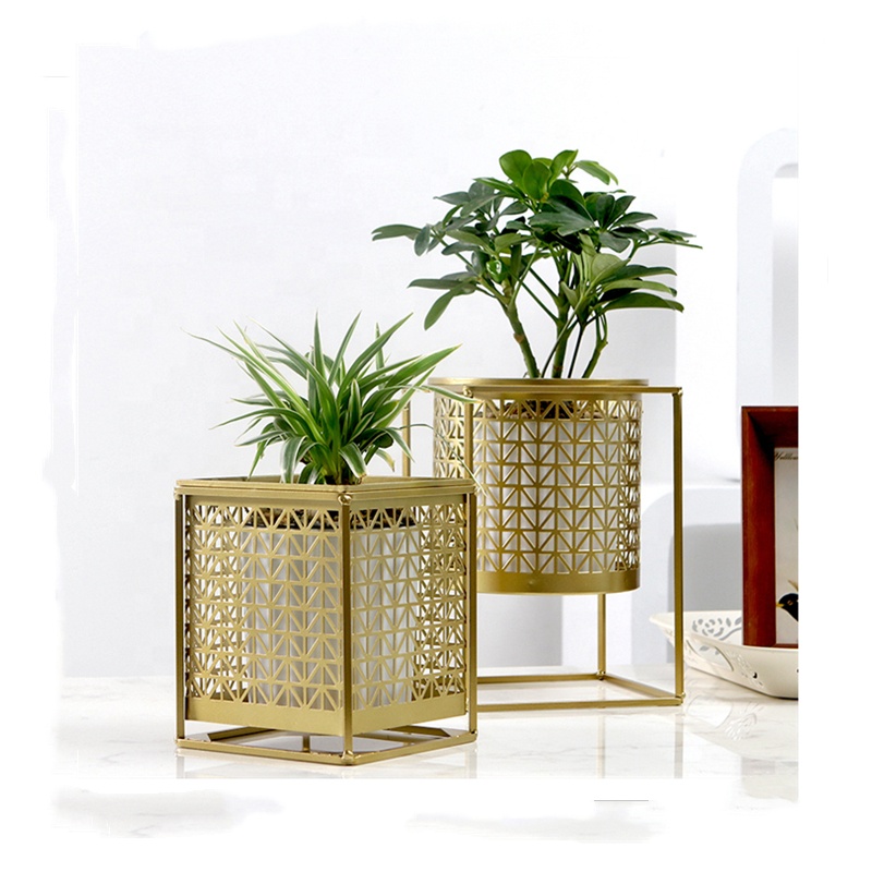 Gold Metal Garden Square Decorative Flower Pots For Home Planter With Iron Stand For Outdoor Green Use