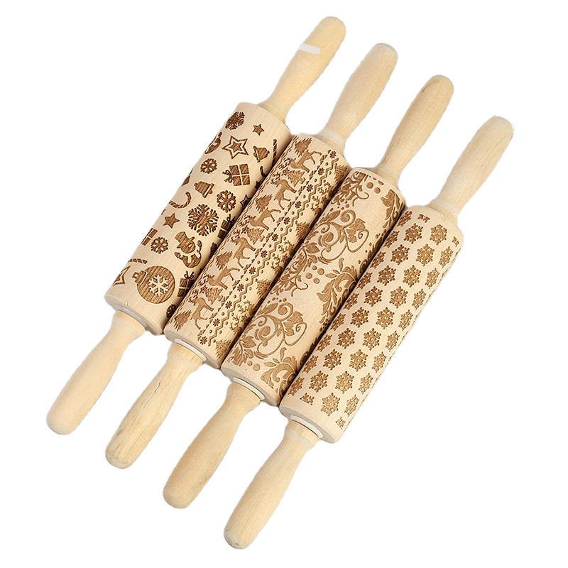 Kitchen Baking Cookie Laser Engraved Roll with Christmas Snowflake Cute Kitchen Tool Embossed Wooden Rolling Pin