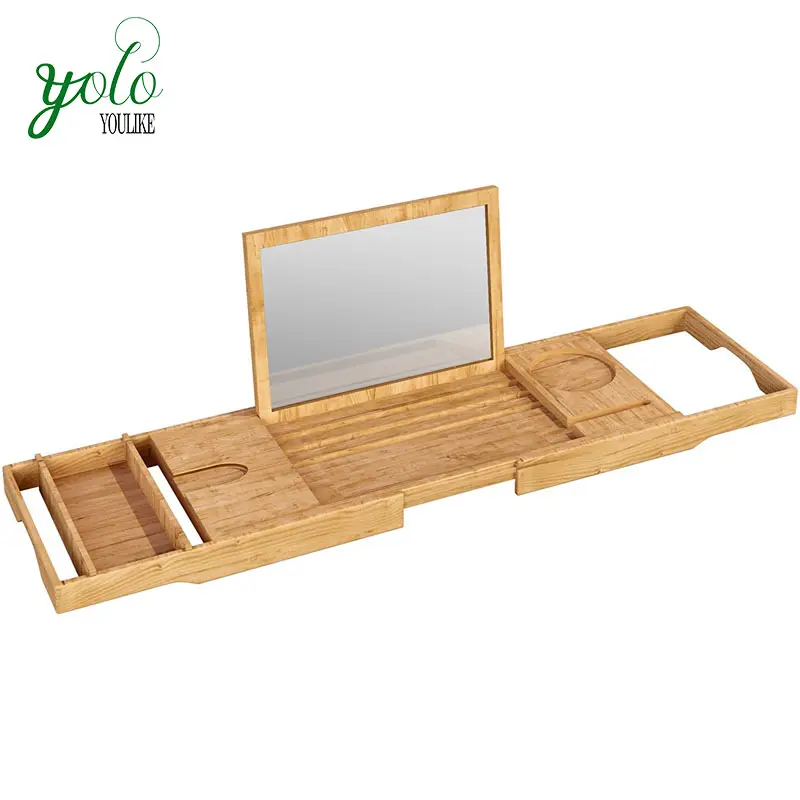 Extending And Adjustable Bathroom Bamboo Bathtub Caddy and Bath tray with Mirror Book Holder