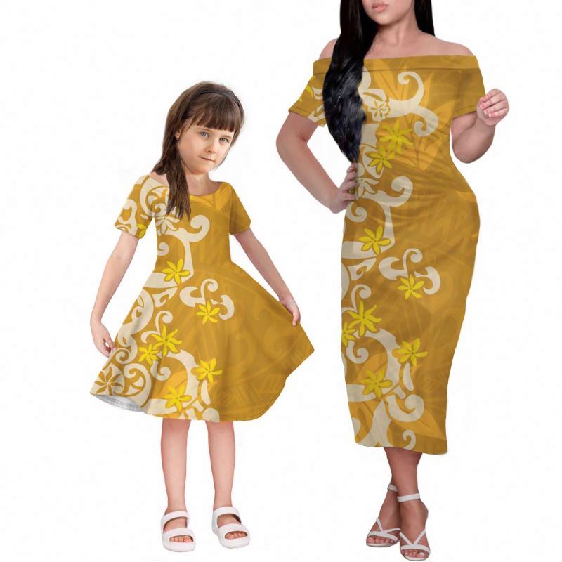 New Parent-child Outfit Summer Mother Daughter Short-sleeve Dresses Polynesian Tribal Design Family Matching Clothing Wholesale