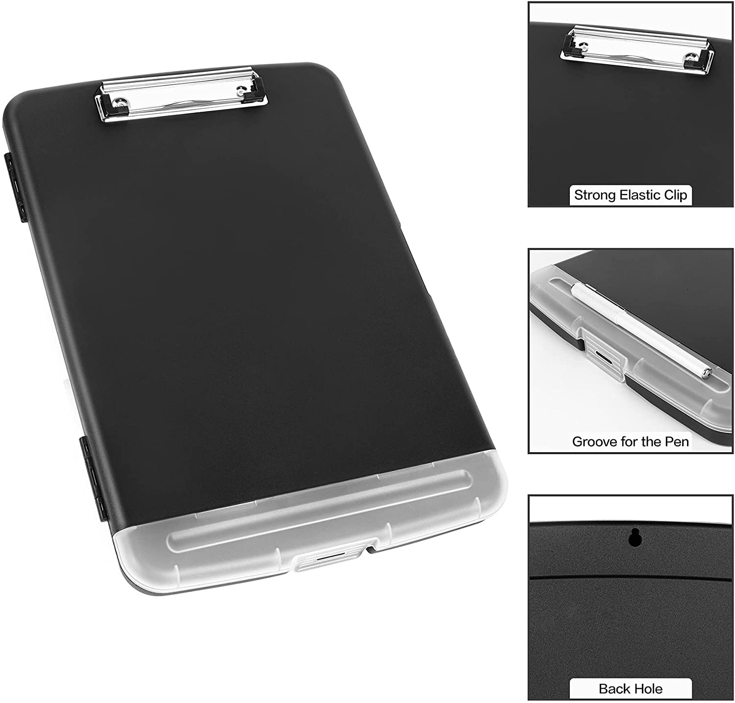 Heavy Duty Black Plastic Storage Clipboard with Storage Low Profile Clip Pen Holder