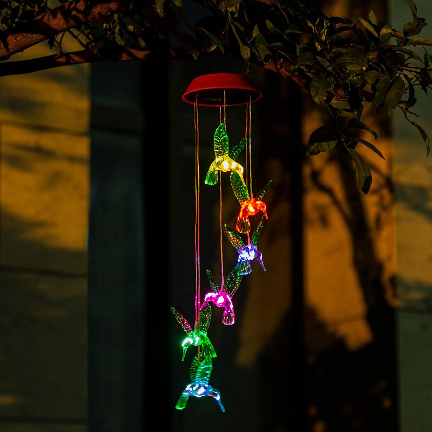 LED Solar Hummingbird Wind Chime 25" Mobile Hanging Wind Chime for Home Garden Decoration Automatic Light Changing Hummingbird