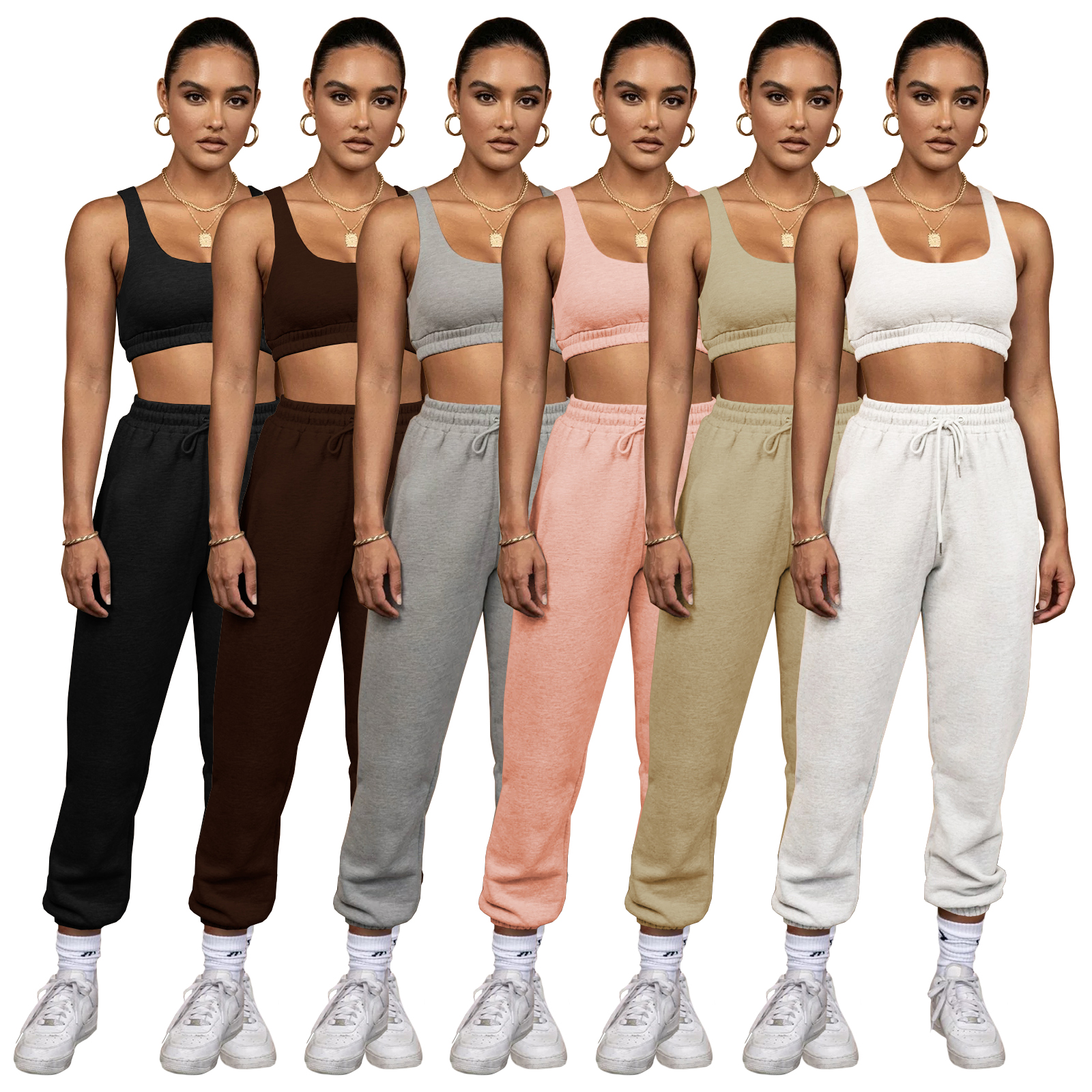 High Quality Custom Joggers 2 Piece Crop Tops Two Piece Pants Set Workout Cotton Biker Shorts 2 Piece Sets Women