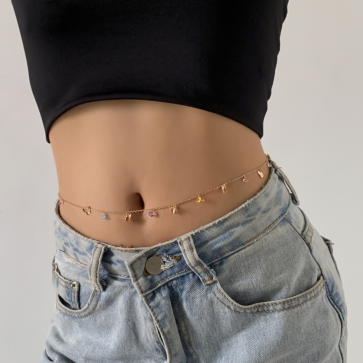 SHIXIN Bohemia Butterfly Pendant Waist Chain Colorful Geometric Acrylic Beaded Belly Chain 2021 Trendy Body Chain Jewelry Women