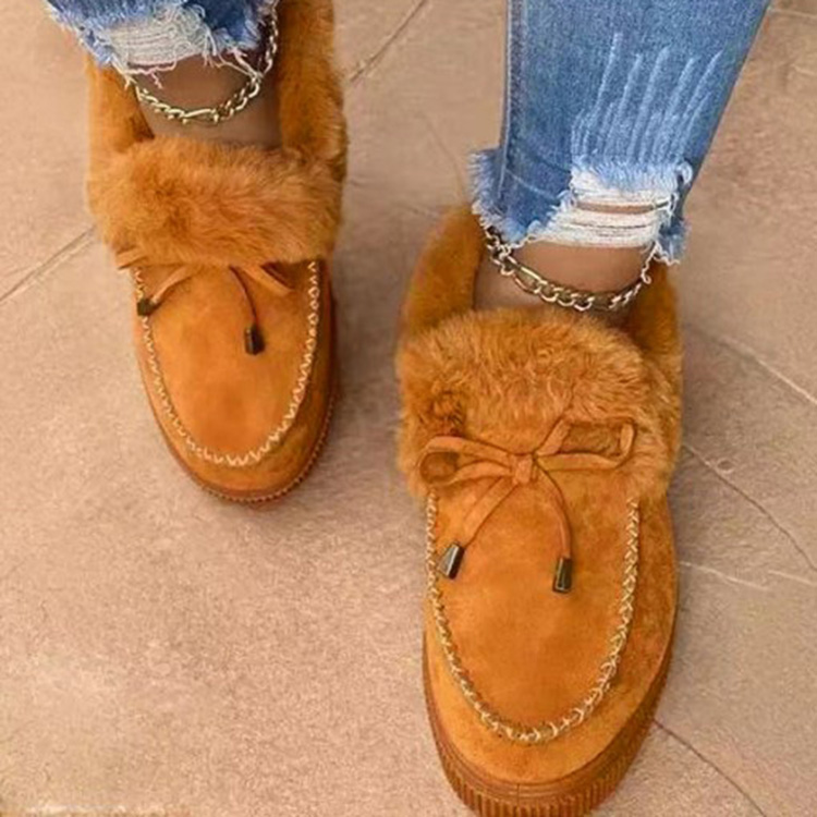 Casual Round Toe Bow Inner Faux Fur Slip On Shoes For Women Low Heel Winter Snow Boots -PT