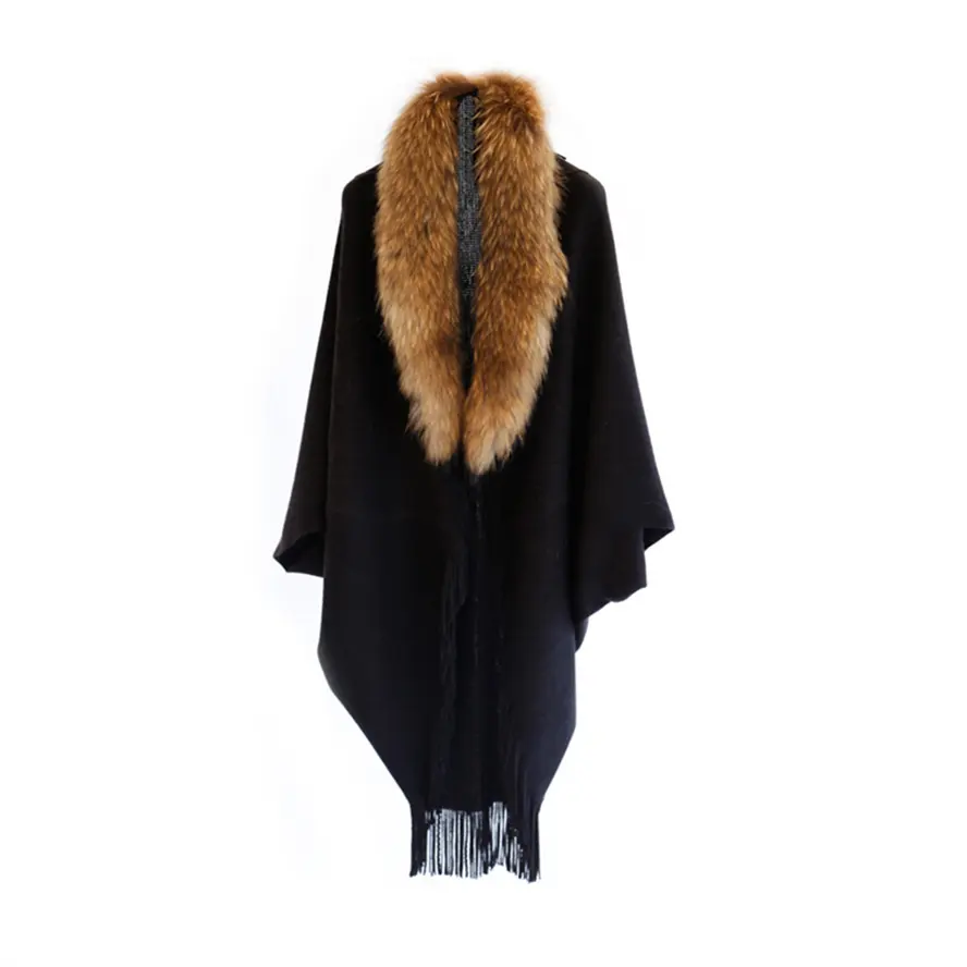 Factory Direct Supply Ladies Elegant Winter Raccoon Fur Trim Long Shrugs for Women