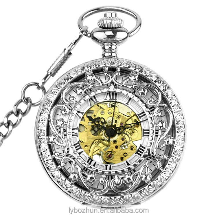 Automatic secret garden spot hollowed out engraved through-the-bottom flip mechanism pocket watches