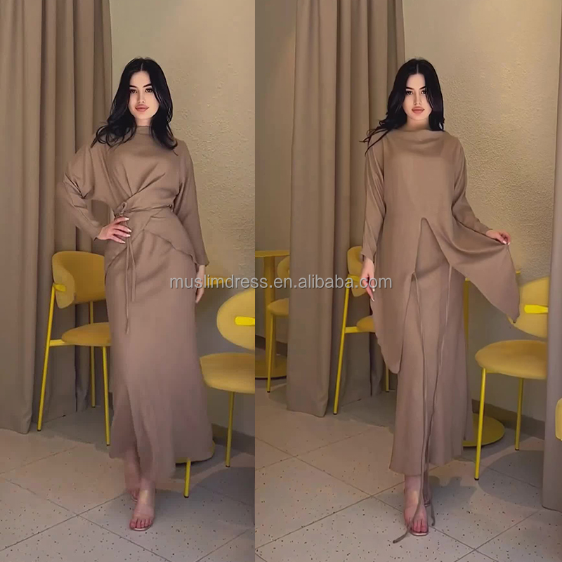 Habib khaki cross tie straps fashion modesty abayas dress set islamic clothing solid color cross lace-up waist skirt set