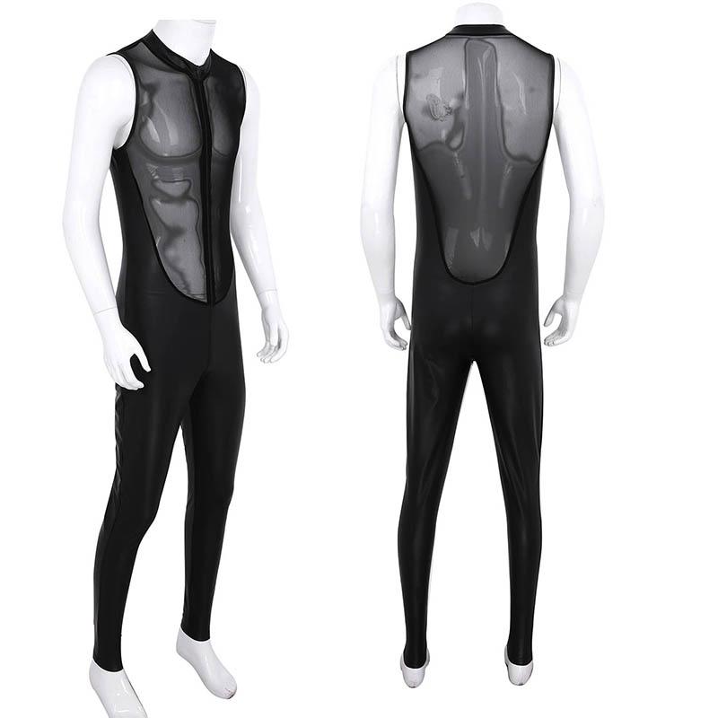 Cheap Male Shiny Patent Bodysuit Full Body Mens Black Double Zipper Leotard Jumpsuit Clubwear