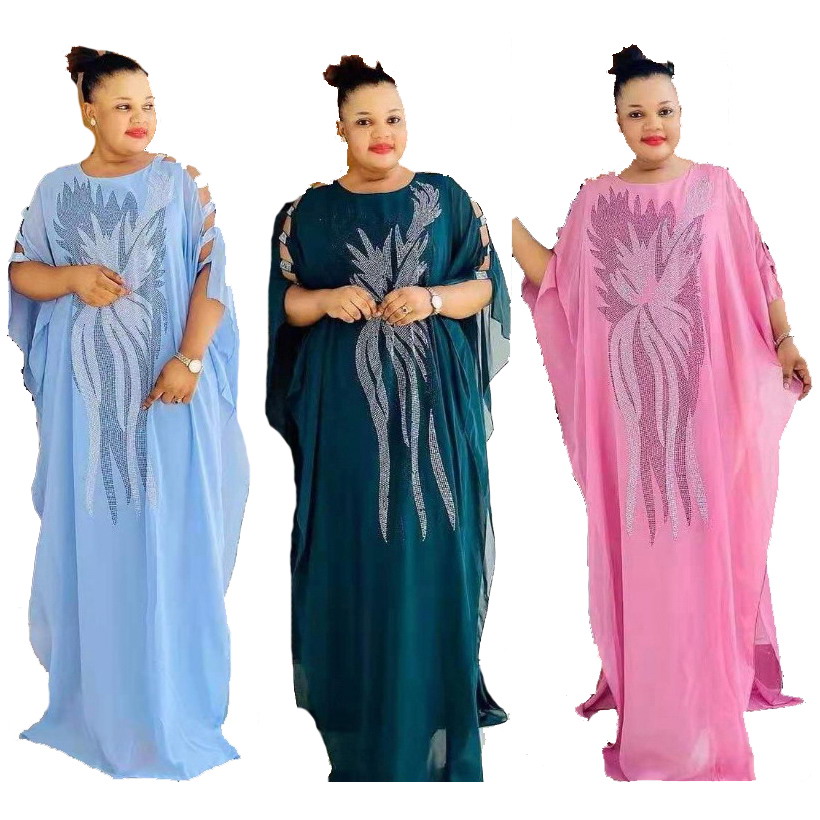 KC new fashion women chiffon rhinestones cardigan dresses African long robe two 2 piece set