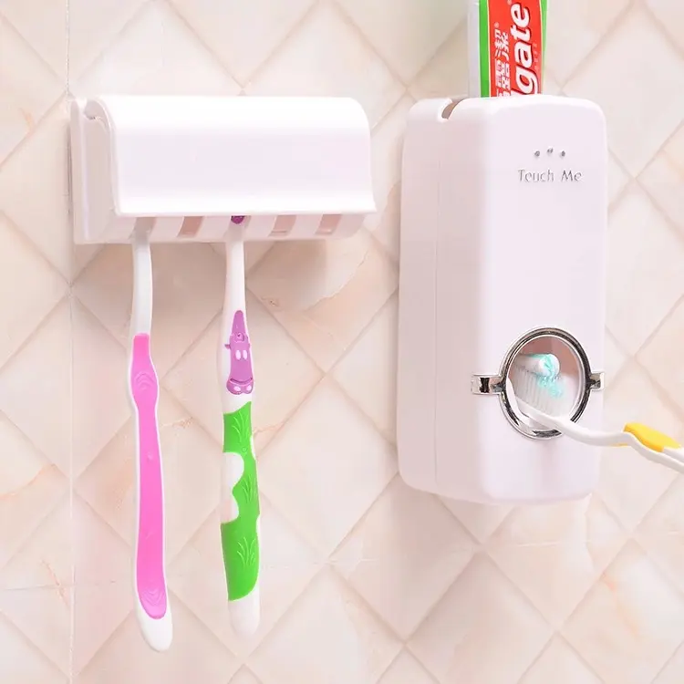 D281 Bathroom daily necessities set Adhesive wall mounted Plastic automatic toothpaste dispenser 5pcs toothbrush holder for kids