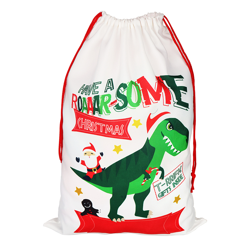Christmas Drawstring Gift Bag Dinosaur Christmas Sacks Canvas Sublimation Santa Sack
