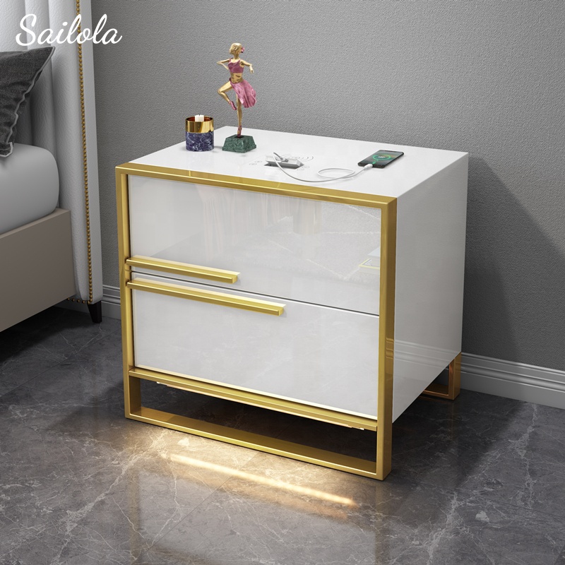 Bedside Cabinet Smart Night Stand Bedside Table Wooden White Multifuntional Bed Side Tables