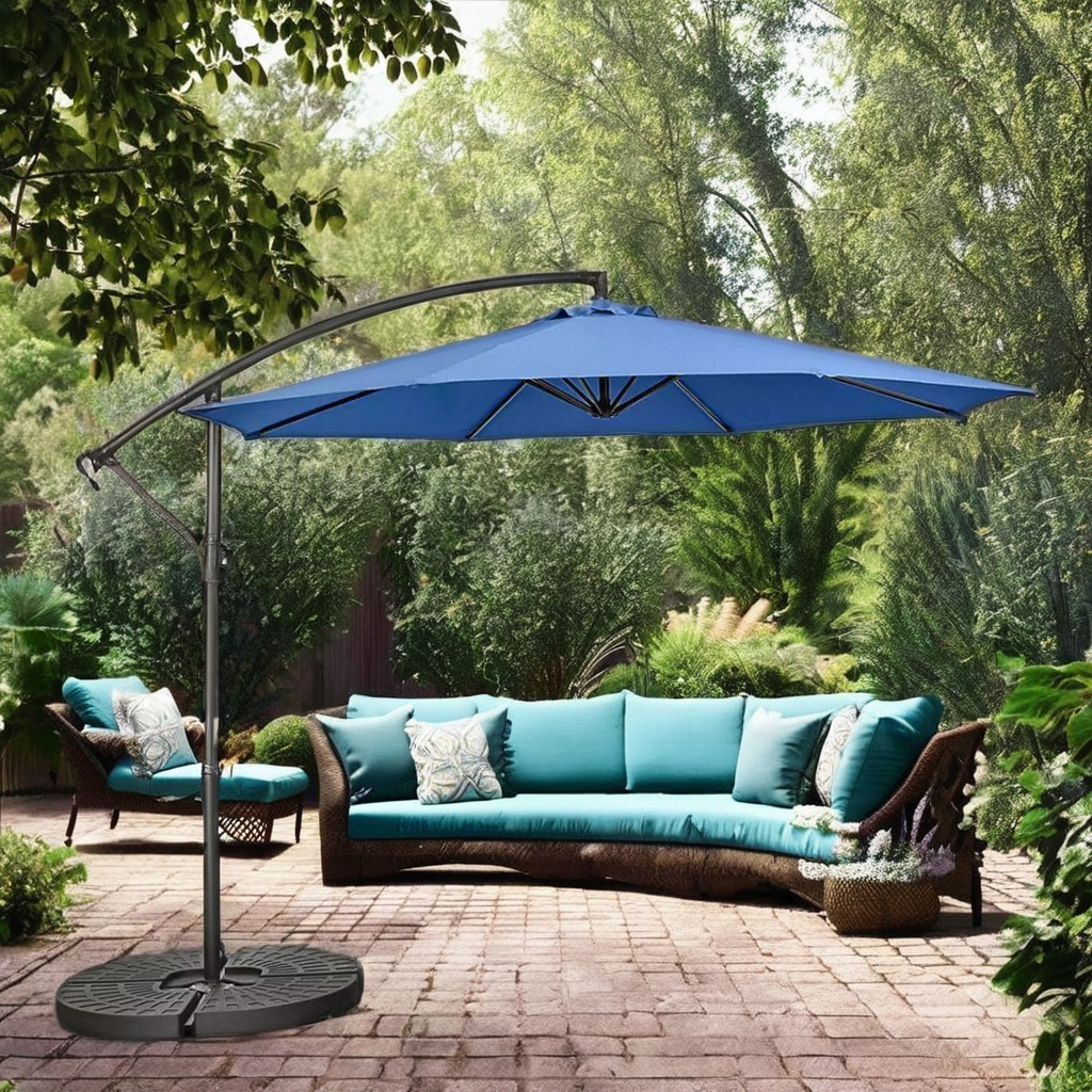 10' Modern Manual Tilt Blue Metal Cantilever Umbrella with Cross Base for Beach Garden Patio Park Backyard Restaurants Hotels