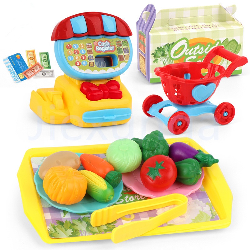 Children's Mini Supermarket Cash Register Play House Toy Set 20 Pieces Set of Dessert FruitShopping Cart Toys for Kids