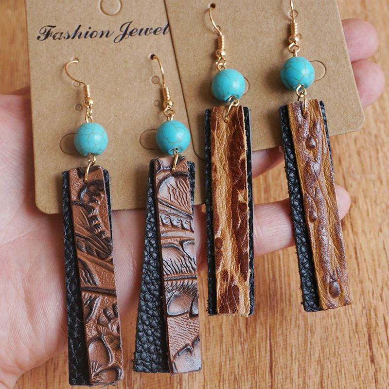 Ins Hot Sale Handmade Design Earrings Texture Vintage Embossed Bohemian Genuine Leather Hoop Earrings Drop Earrings