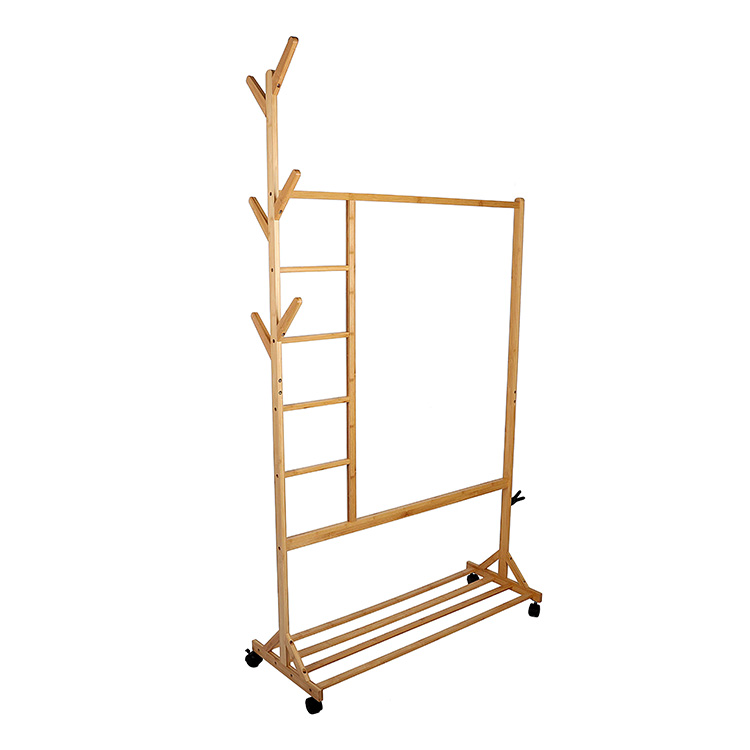 Modern bamboo wooden standing coat storage drying rack clothes tree hat stand shelf with hanger