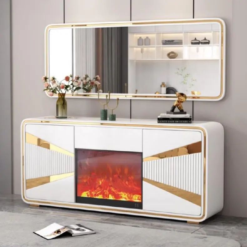 Modern dining room furniture wood storage console table cabinet with mirror luxury white sideboard with fireplace