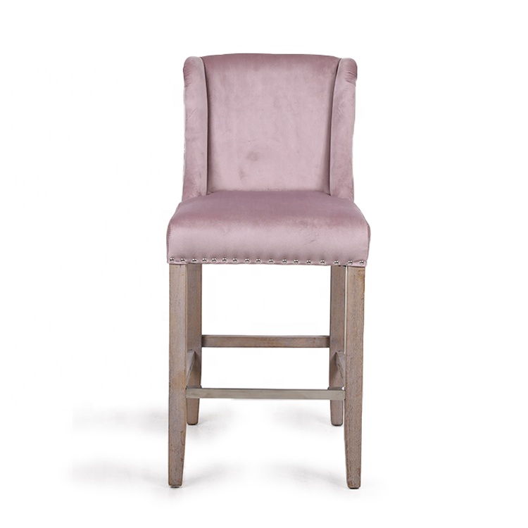 Anji Kaseihomeland Rubber Wood Hotel Kitchen Pink Velvet Bar Stool