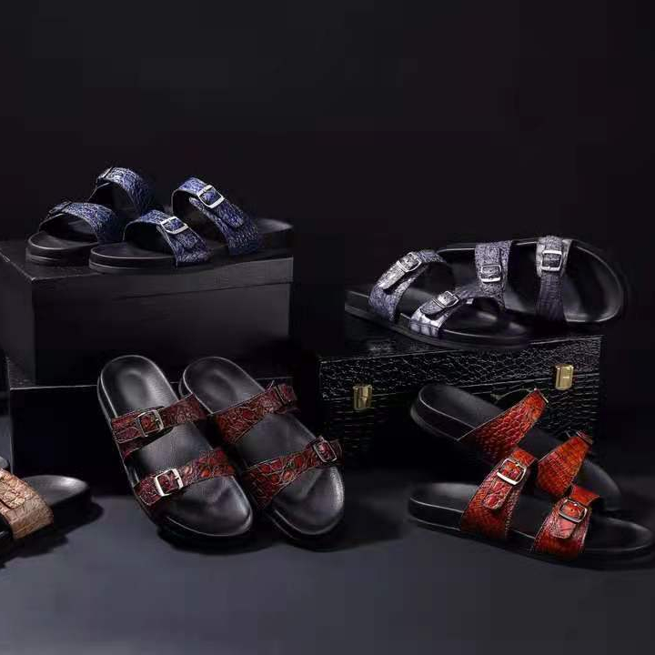 Soft men's slippers high grade custom colorful handmade genuine crocodile leather two buckle straps fashion men summer slippers
