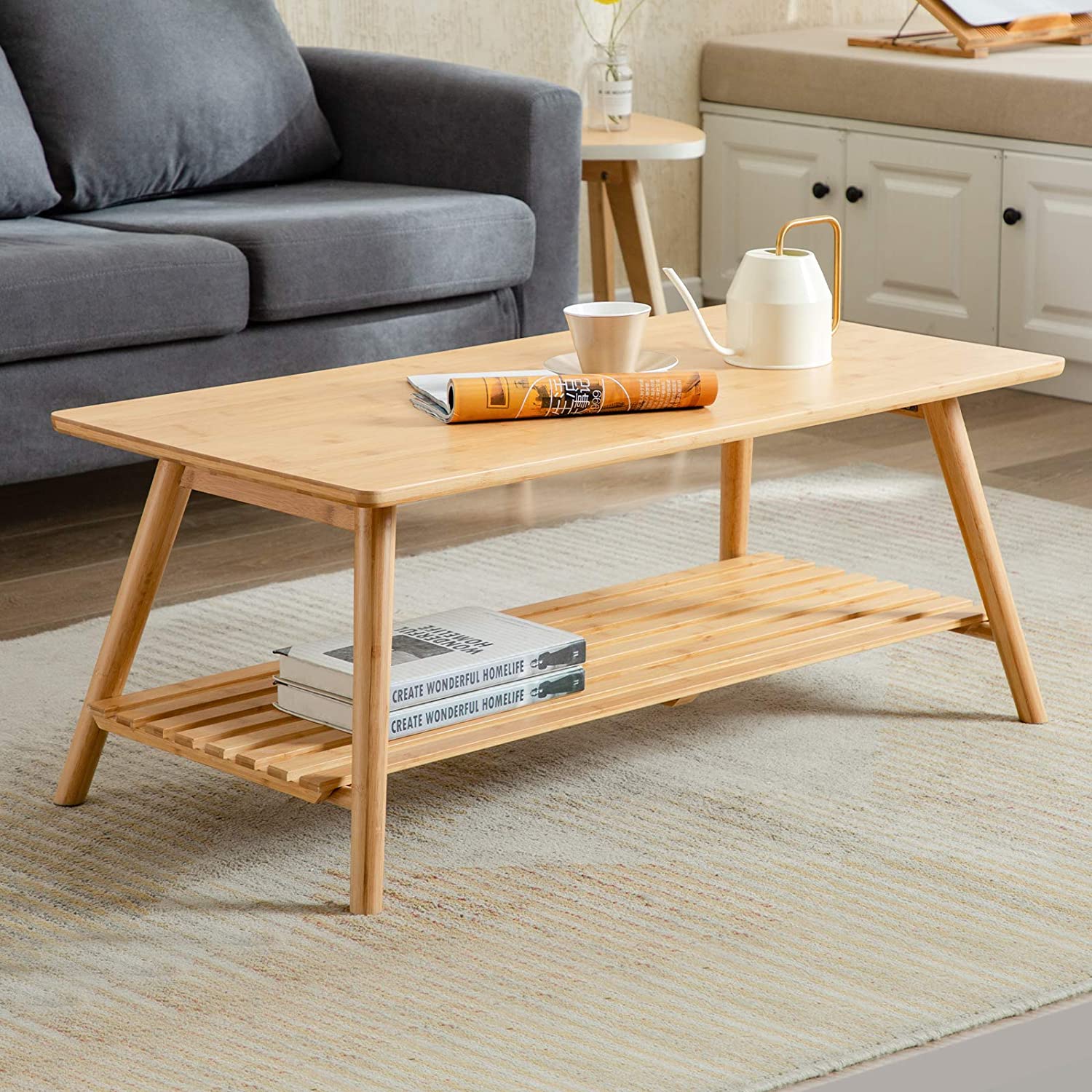 Кофейный столик Combohome, складной бамбуковый коктейльный столик, подставка для телевизора с открытой полкой для хранения, центральный столик для гостиной